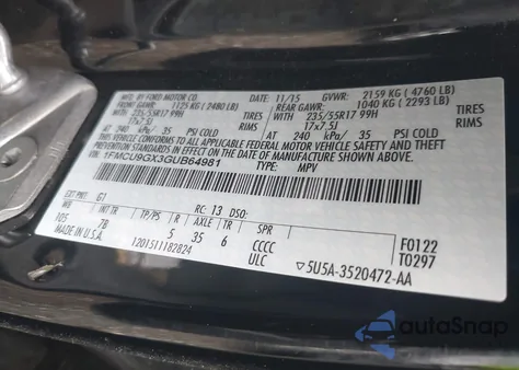 2016 Ford Escape Se из США, поврежденный, VIN 1FMCU9GX3GUB64981